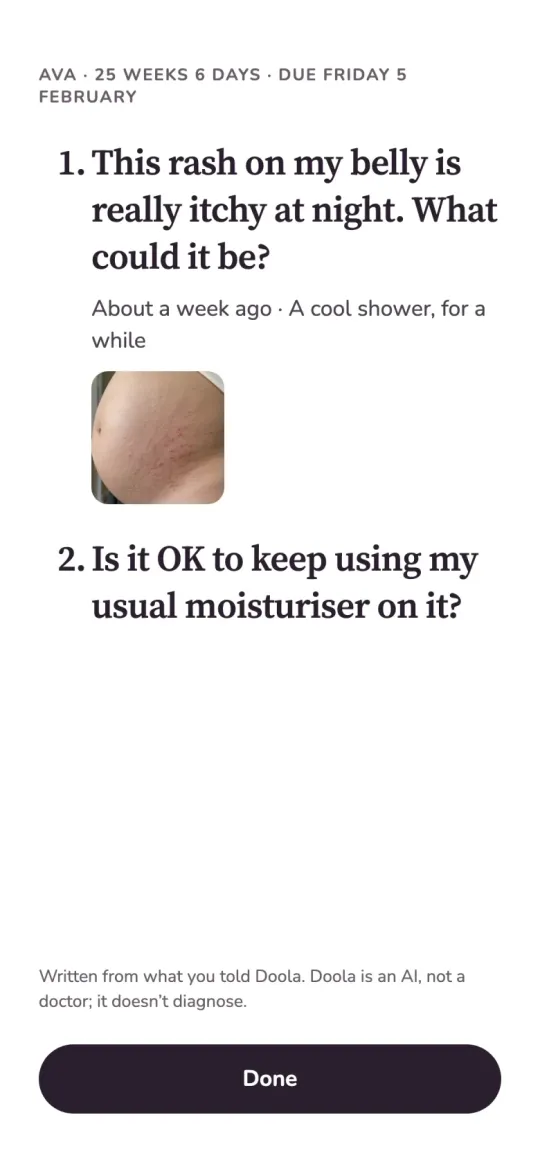 Doola Next visit: a question about an itchy belly rash with a photo, ready to show at the appointment